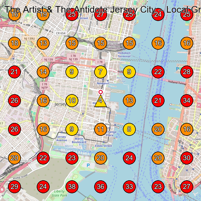 The Artist & The Antidote Jersey City GeoGrid visibility map for Hair Salon in Jersey City